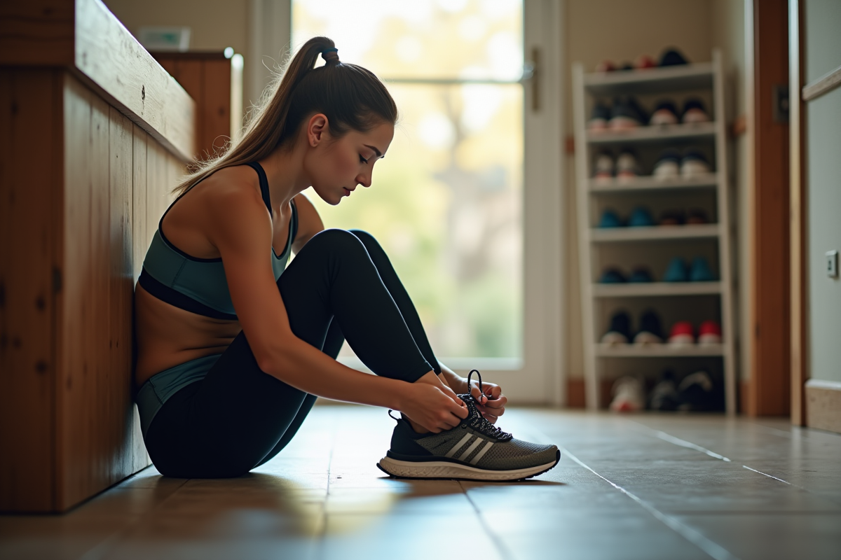 Jeune femme retire ses chaussures de course sales à l