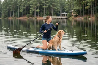 Femme et golden retriever sur un stand-up paddleboard sur un lac calme entouré de pins