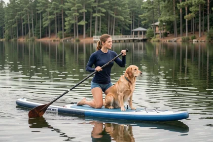 Femme et golden retriever sur un stand-up paddleboard sur un lac calme entouré de pins