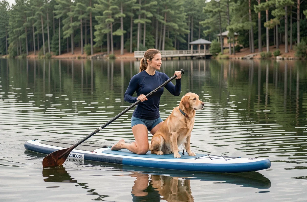 Femme et golden retriever sur un stand-up paddleboard sur un lac calme entouré de pins