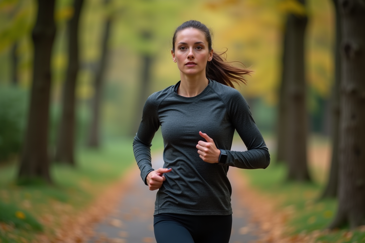 Femme sportive courant en forêt avec montre connectée