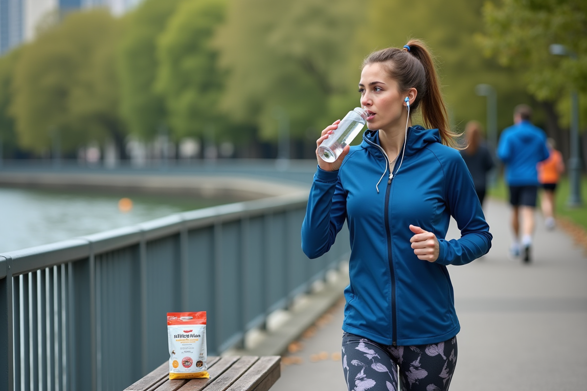 Jeune femme sportive courant dans un parc urbain