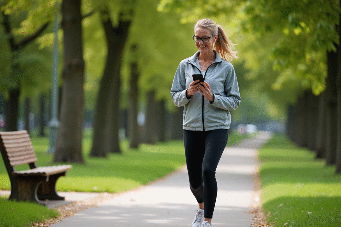 Femme en course dans un parc avec application fitness