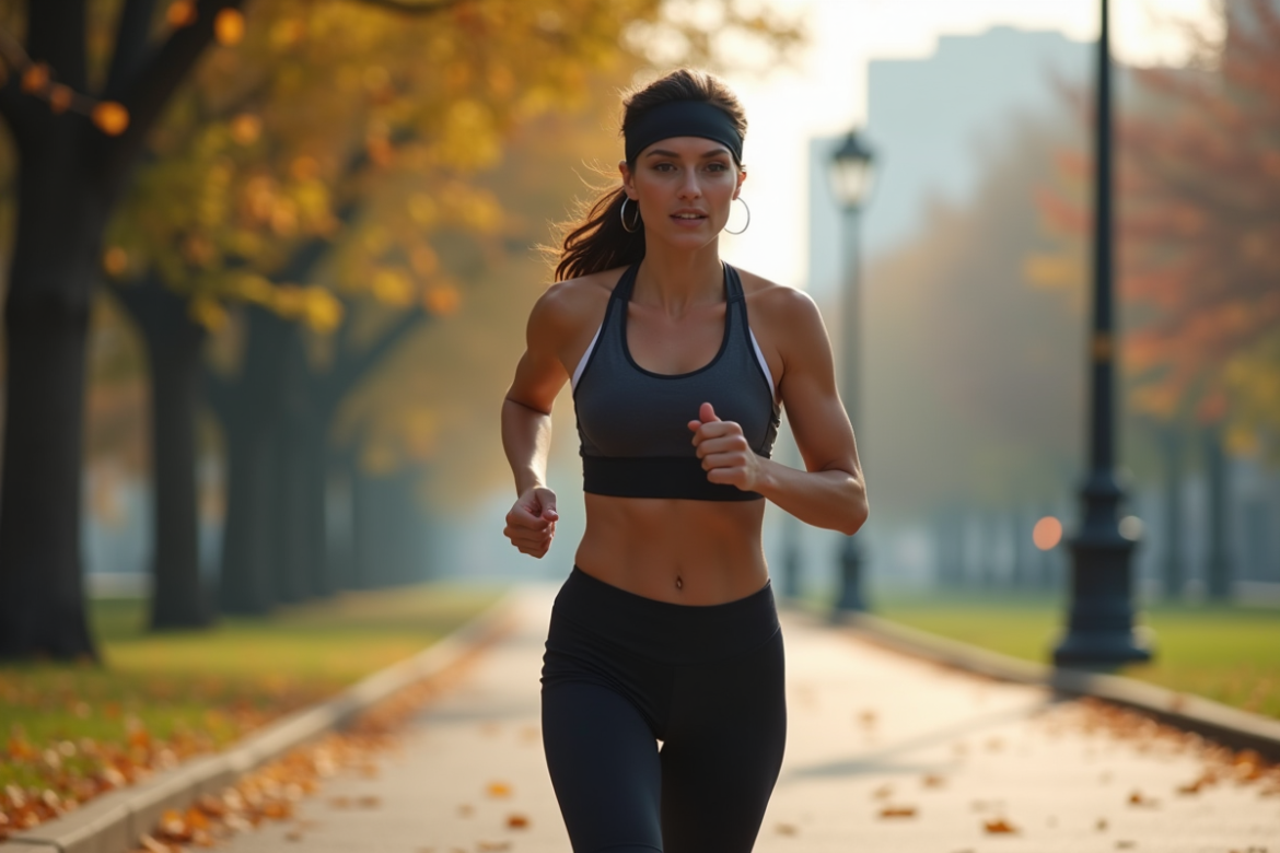 Femme sportive courant dans un parc urbain avec bandeau noir