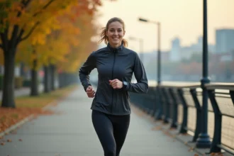 Femme sportive courant en ville avec montre connectée