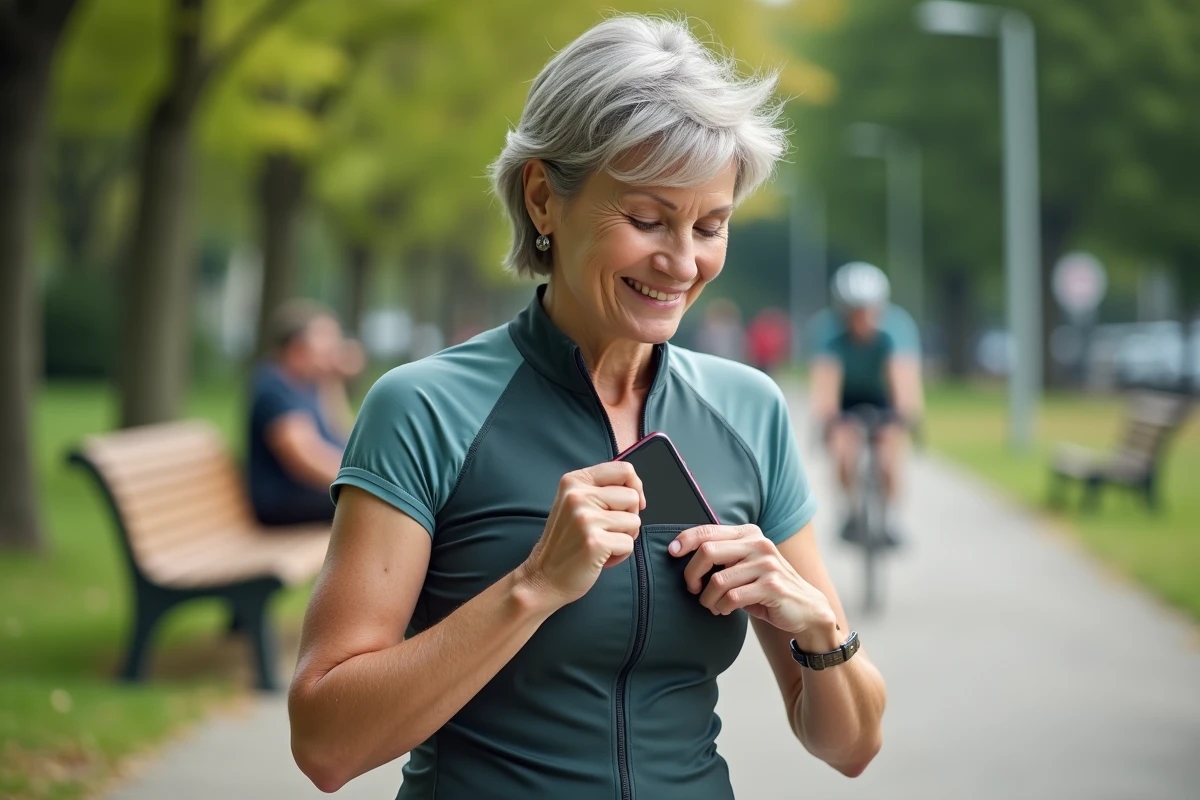 Femme cycliste urbaine rangeant son téléphone dans sa poche arrière