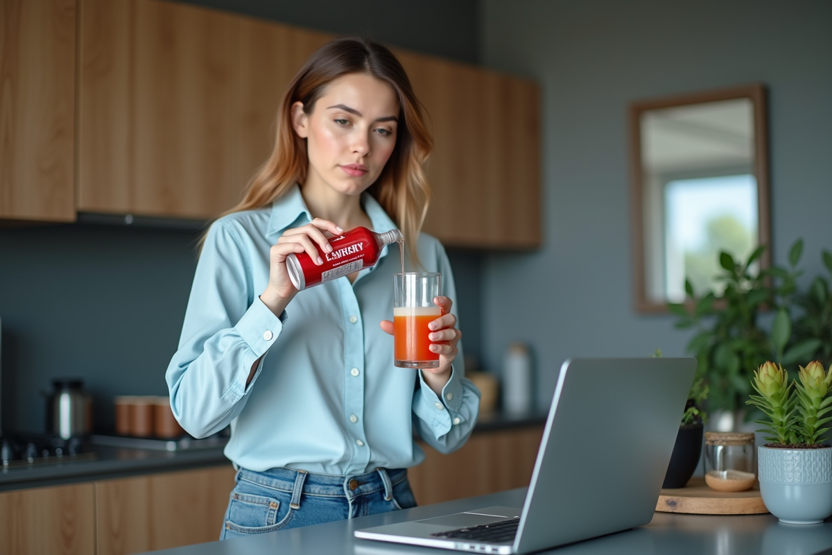 Femme versant une boisson énergisante dans un verre au bureau
