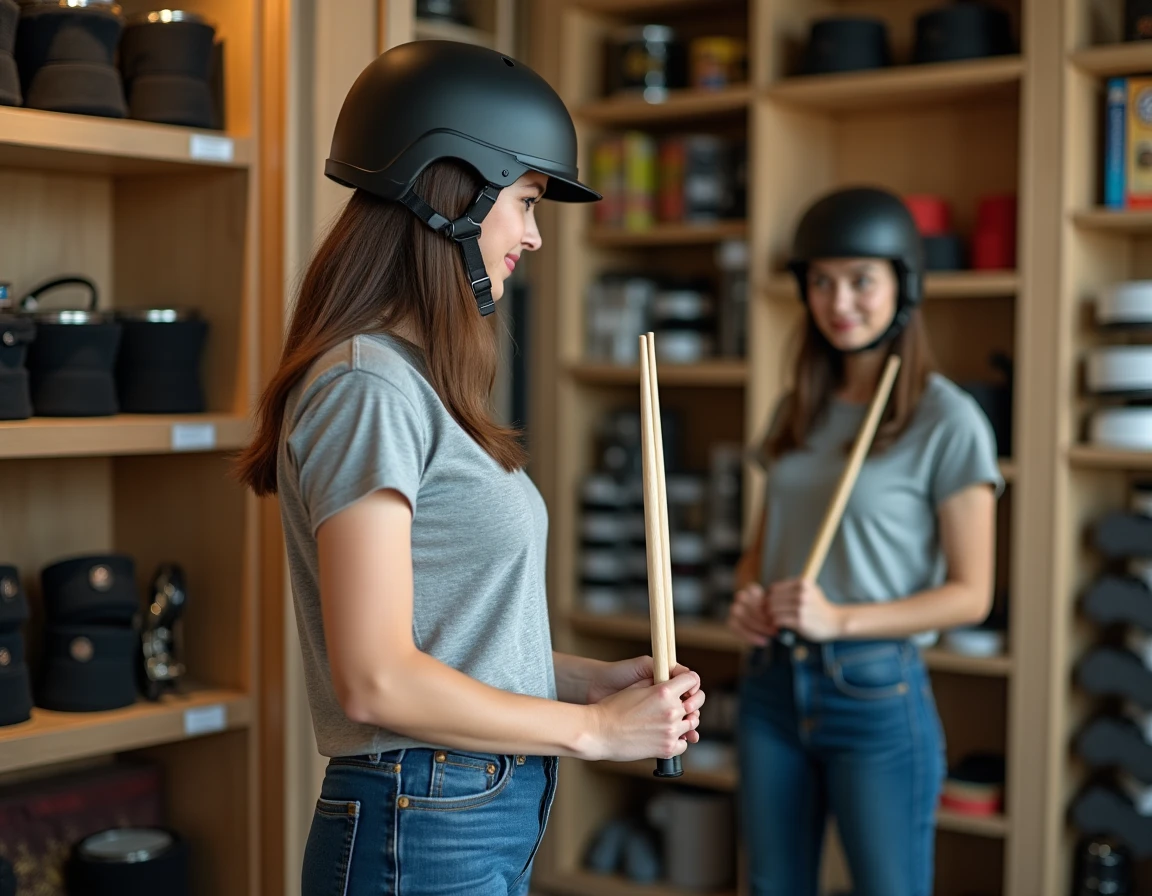 Jeune femme essayant un casque de protection et des genouillères pour batteur dans un magasin de percussions