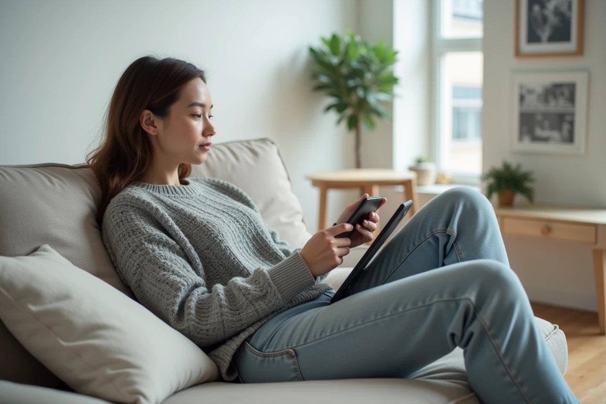 Jeune femme lisant un manga en ligne sur tablette allongée dans un salon moderne scandinave
