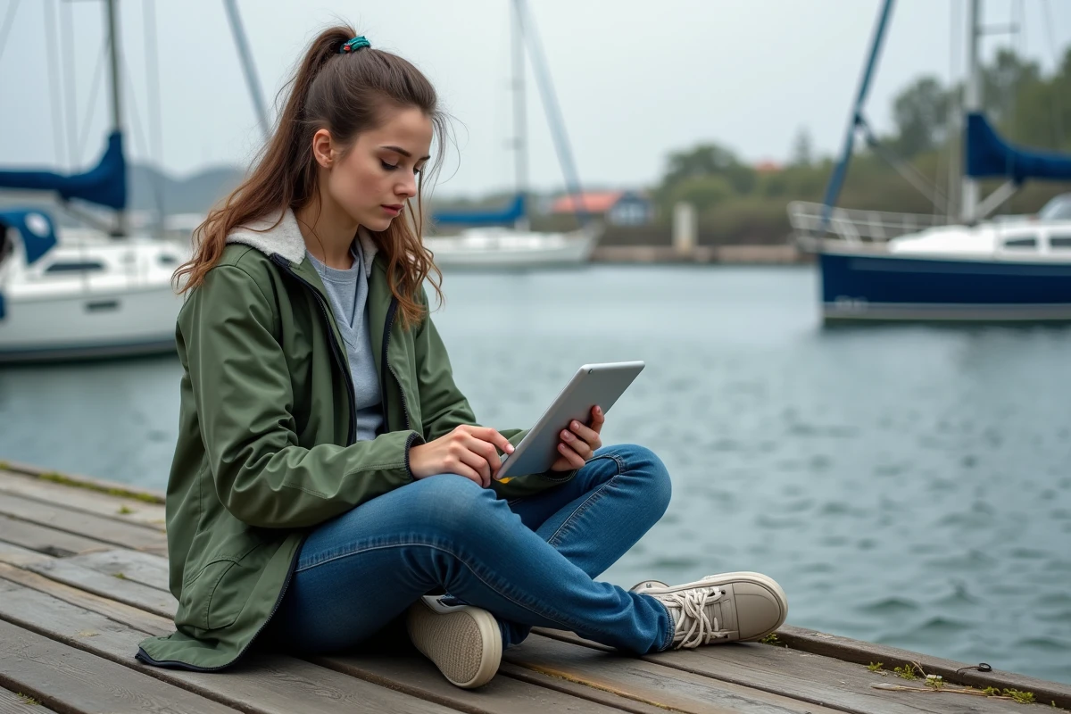 Jeune femme lisant instructions de maintenance sur tablette au port