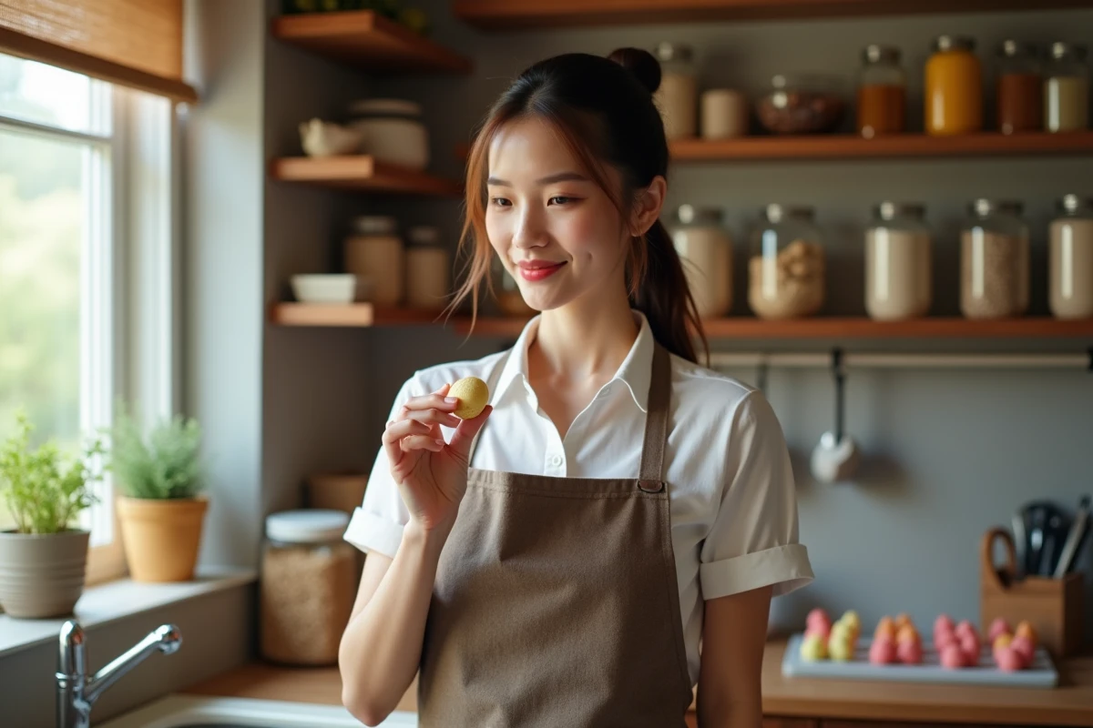 Jeune femme inspectant un macaron dans une cuisine chaleureuse