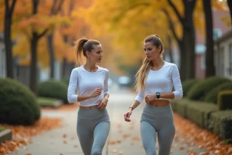 Femme en tenue de sport vérifiant son bracelet connecté pour compter ses pas lors d'une marche quotidienne en ville