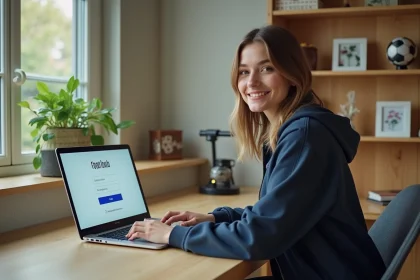 Jeune femme souriante utilisant son ordinateur pour Footclub