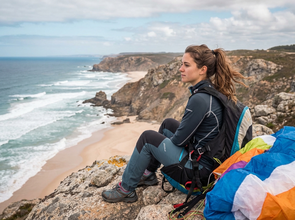 Jeune femme assise sur un rocher après un vol en parapente