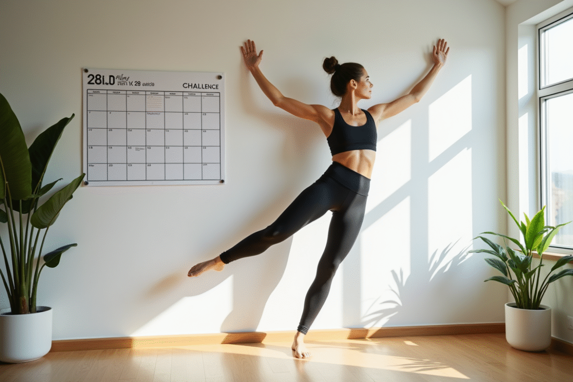 Femme en tenue de sport faisant du Pilates au mur dans un salon lumineux