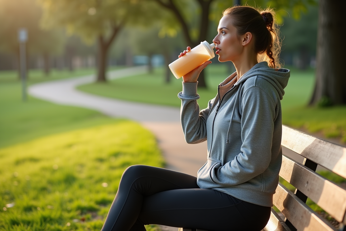 Femme active buvant une protéine dans un parc