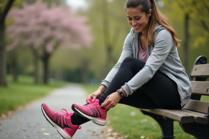 Femme souriante en park portant chaussure de course colorée