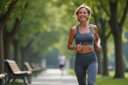 Femme sportive de 50 ans courant dans un parc urbain