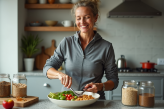 Femme sportive préparant une salade riche en protéines