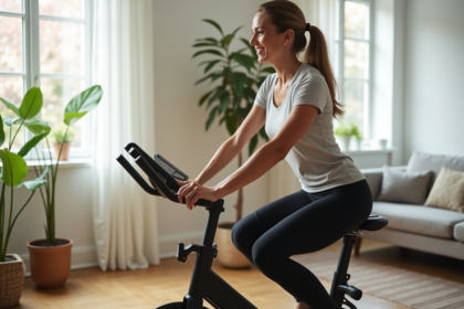 Femme d'âge moyen faisant du vélo d'appartement dans un salon lumineux