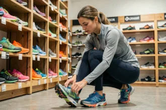 Femme trail runner examinant une chaussure de trail dans un magasin spécialisé trailrunningstore.fr