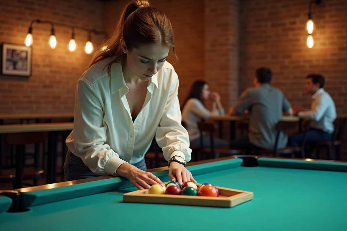 Jeune femme inspectant le placement des boules en triangle américain sur une table de billard dans un bar urbain moderne