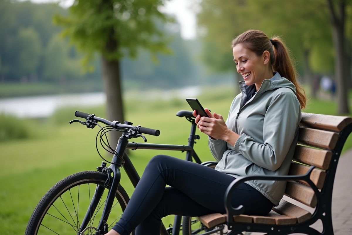 Femme assise sur un banc de parc avec son vélo et son smartphone
