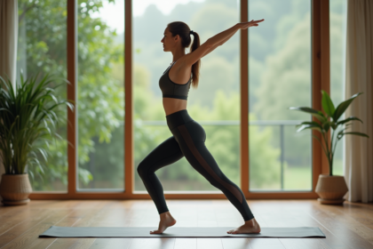 Femme en yoga dans un studio lumineux et moderne