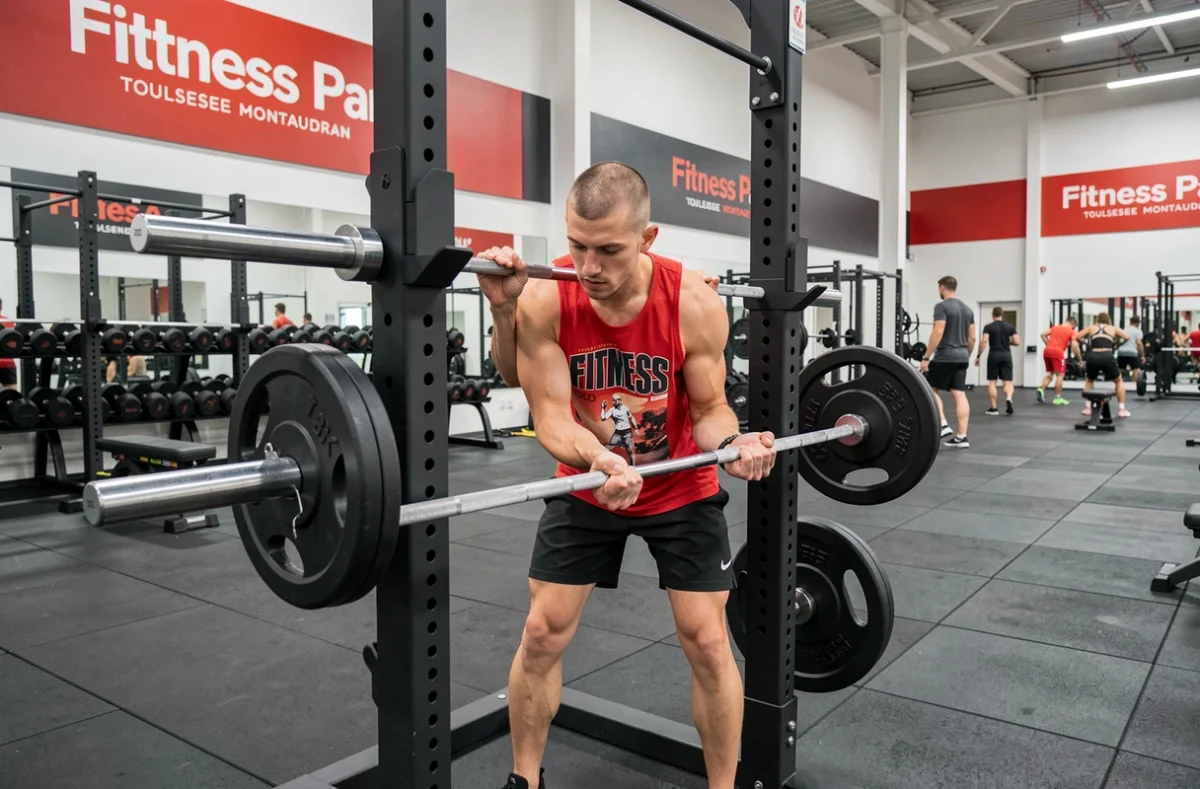 Salle Fitness Park Toulouse Montaudran avec vaste espace de musculation et membre chargeant une barre de squat