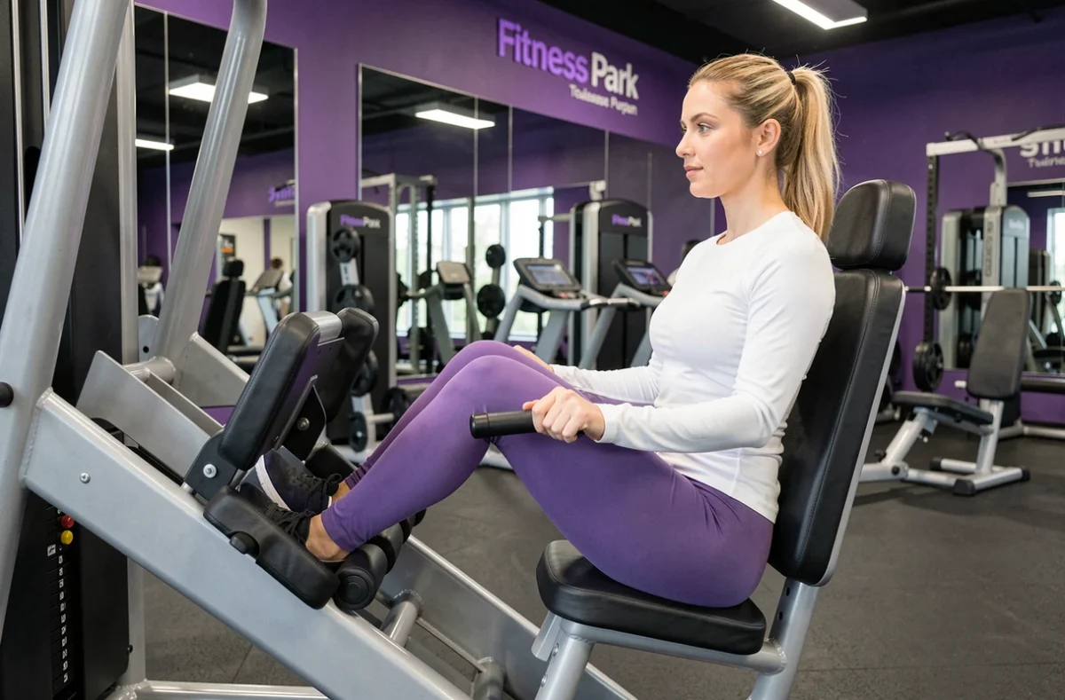 Salle Fitness Park Toulouse Purpan avec membre féminine utilisant une presse à cuisses dans un espace moderne