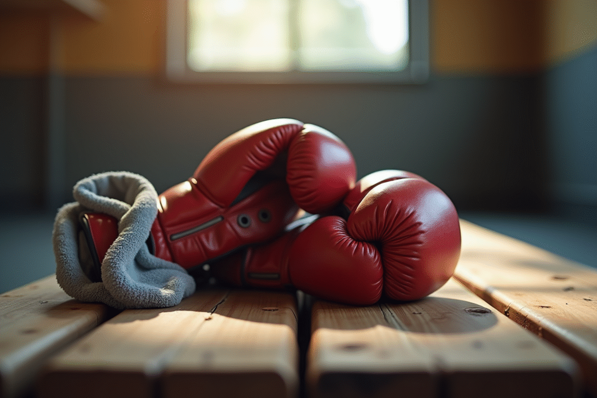 Gants de boxe usés essuyés avec soin dans une salle de sport