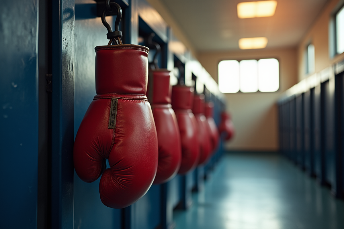 Gants de boxe suspendus à sécher dans un vestiaire lumineux