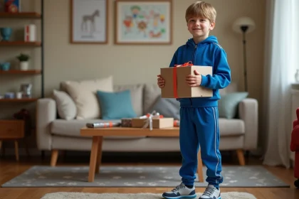 Garçon de 11 ans souriant avec cadeau sportif dans un salon