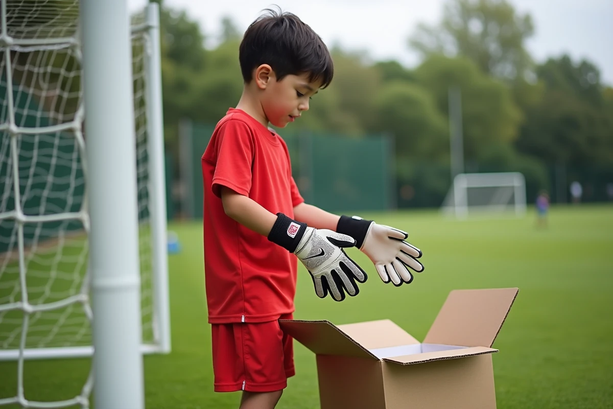 Garçon hésitant essayant des gants de gardien sur un terrain