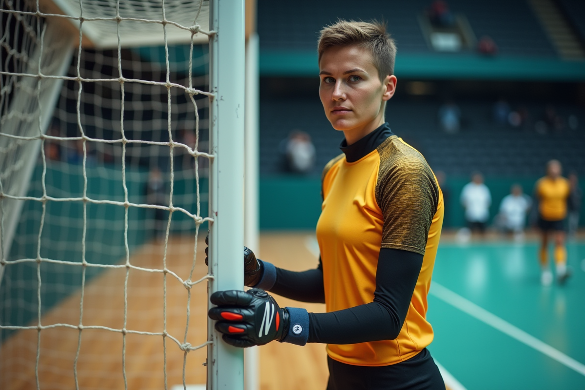 Gardienne cecifoot en posture attentive dans le gymnase