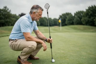 Golfeur analysant sa distance au drapeau avec un wedge sur un fairway verdoyant