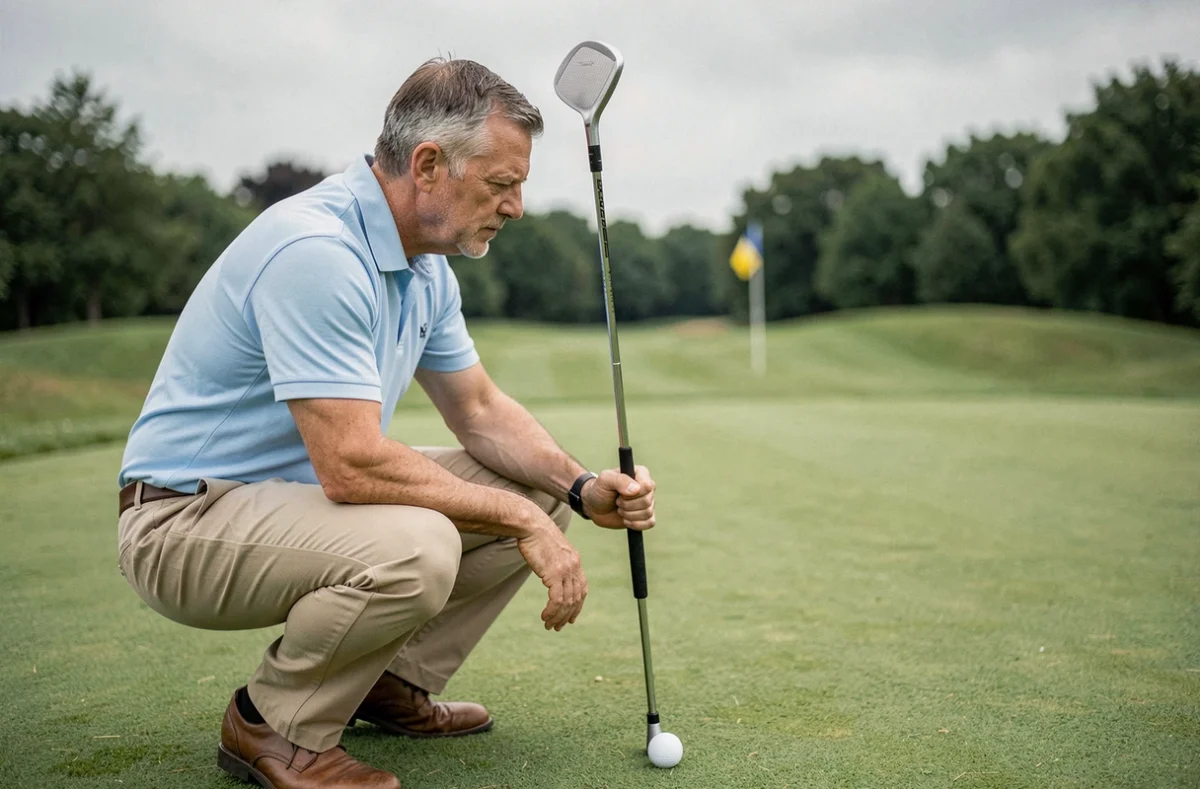 Golfeur analysant sa distance au drapeau avec un wedge sur un fairway verdoyant