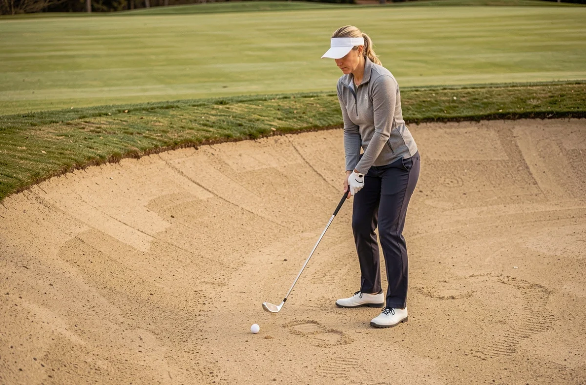 Golfeuse en position d'adresse dans un bunker avec un lob wedge, prête à sortir le ballon