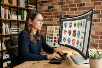 Graphiste travaillant sur des logos de clubs de football sur un écran d'ordinateur dans un studio créatif moderne