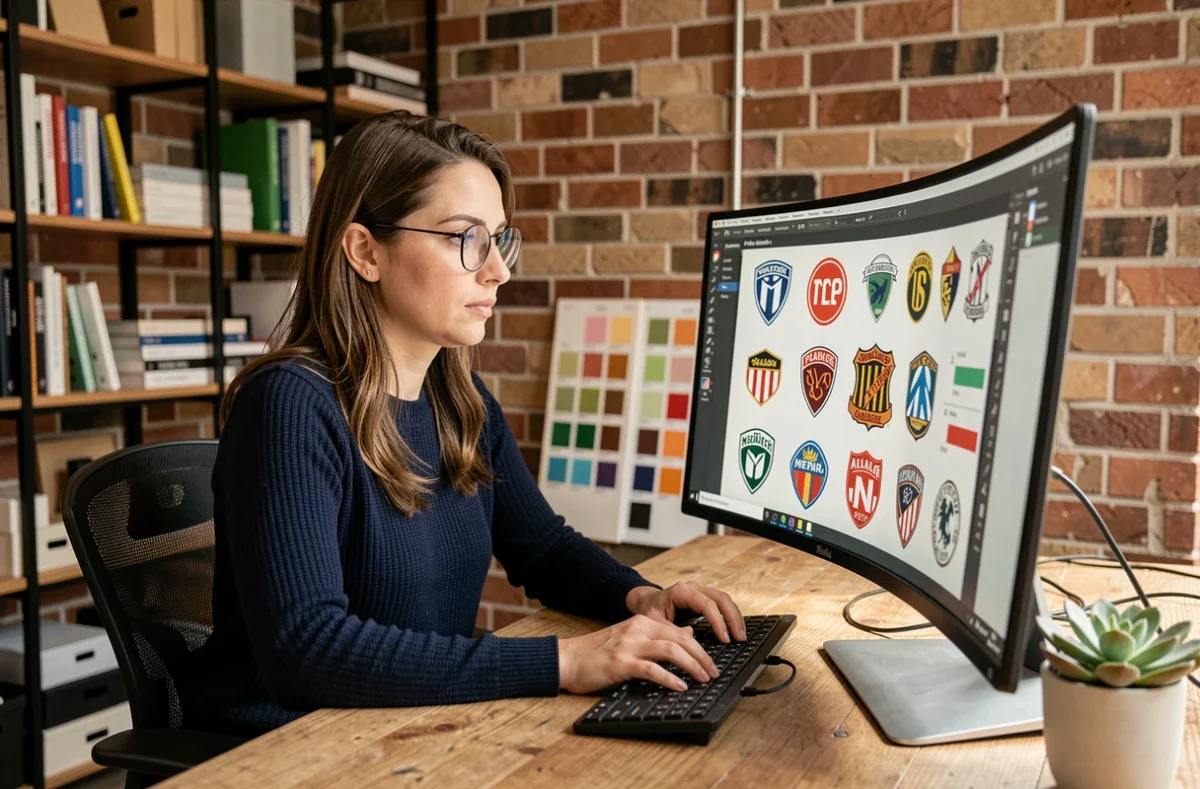 Graphiste travaillant sur des logos de clubs de football sur un écran d'ordinateur dans un studio créatif moderne