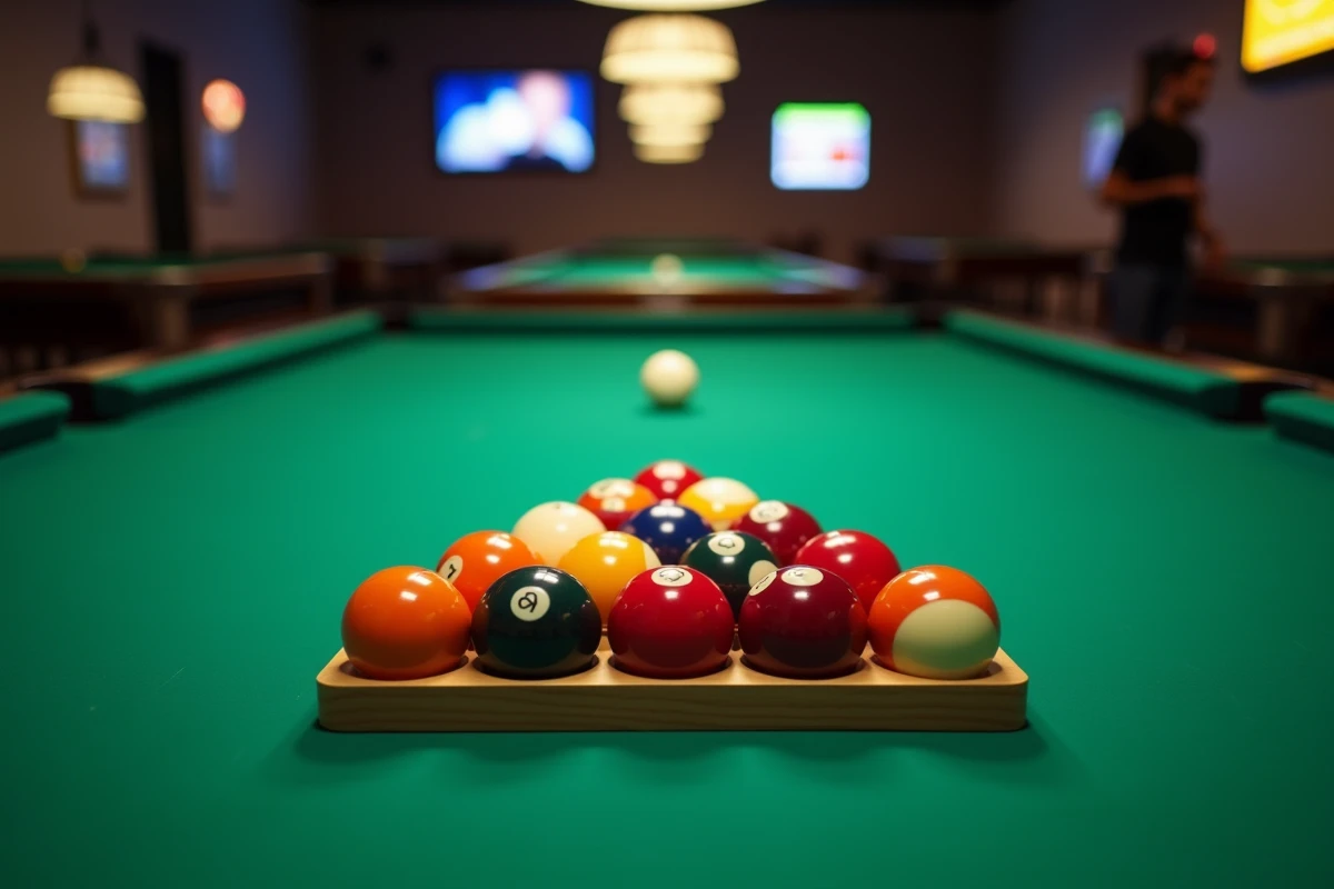 Gros plan des boules de billard disposées en triangle américain sur un tapis vert avec mise en scène précise