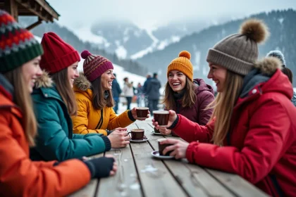 Groupe d'amis souriants en jackets colorés à l'apres-ski
