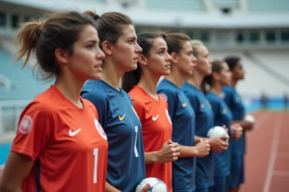 Groupe d'athletes jeunes en uniforme sur piste extérieure