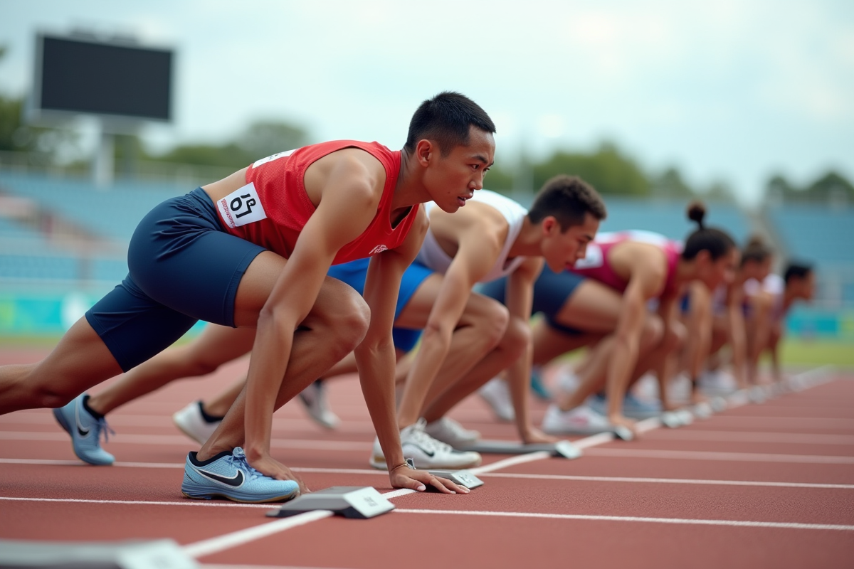 Groupe de sprinters prêts au départ sur la piste