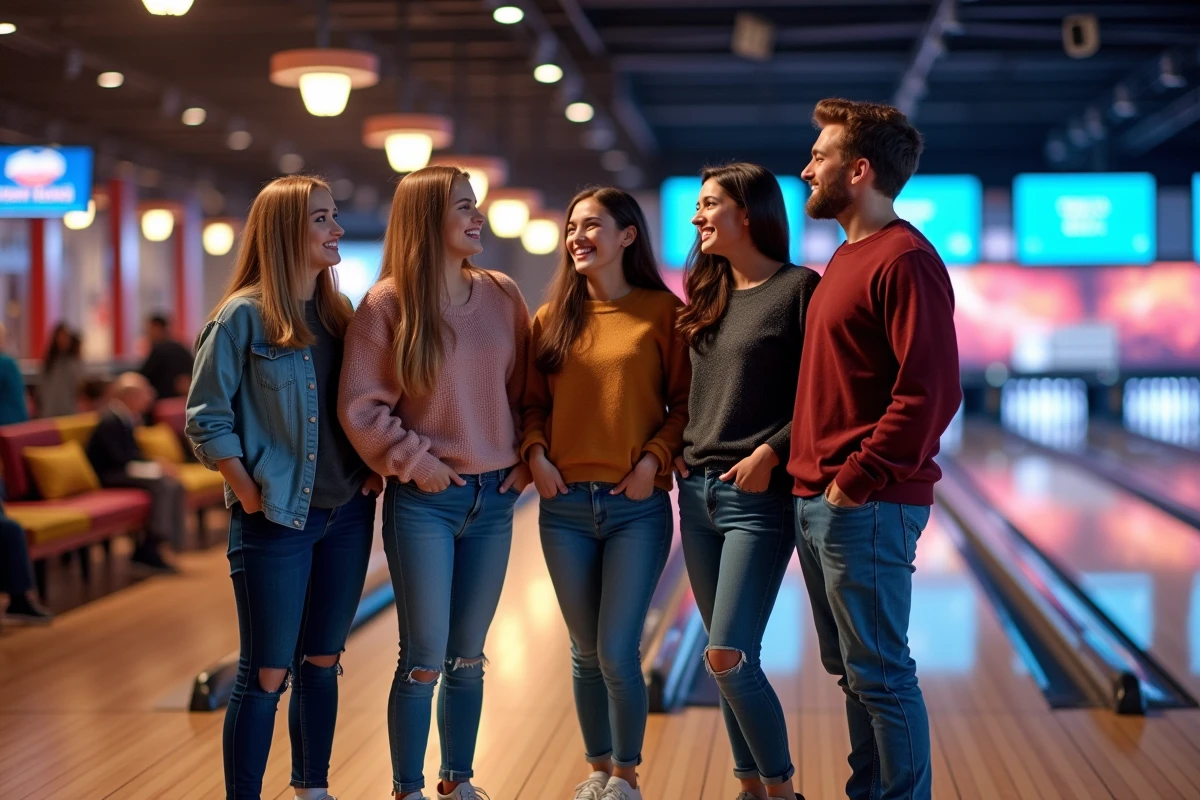 Groupe de jeunes adultes riant au bowling à Lomme