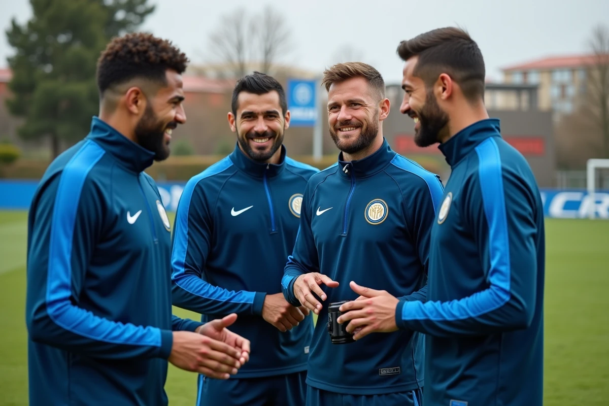 Groupe de joueurs de l'Inter Milan en tenue d'entraînement se reposant après une session collective en 2026