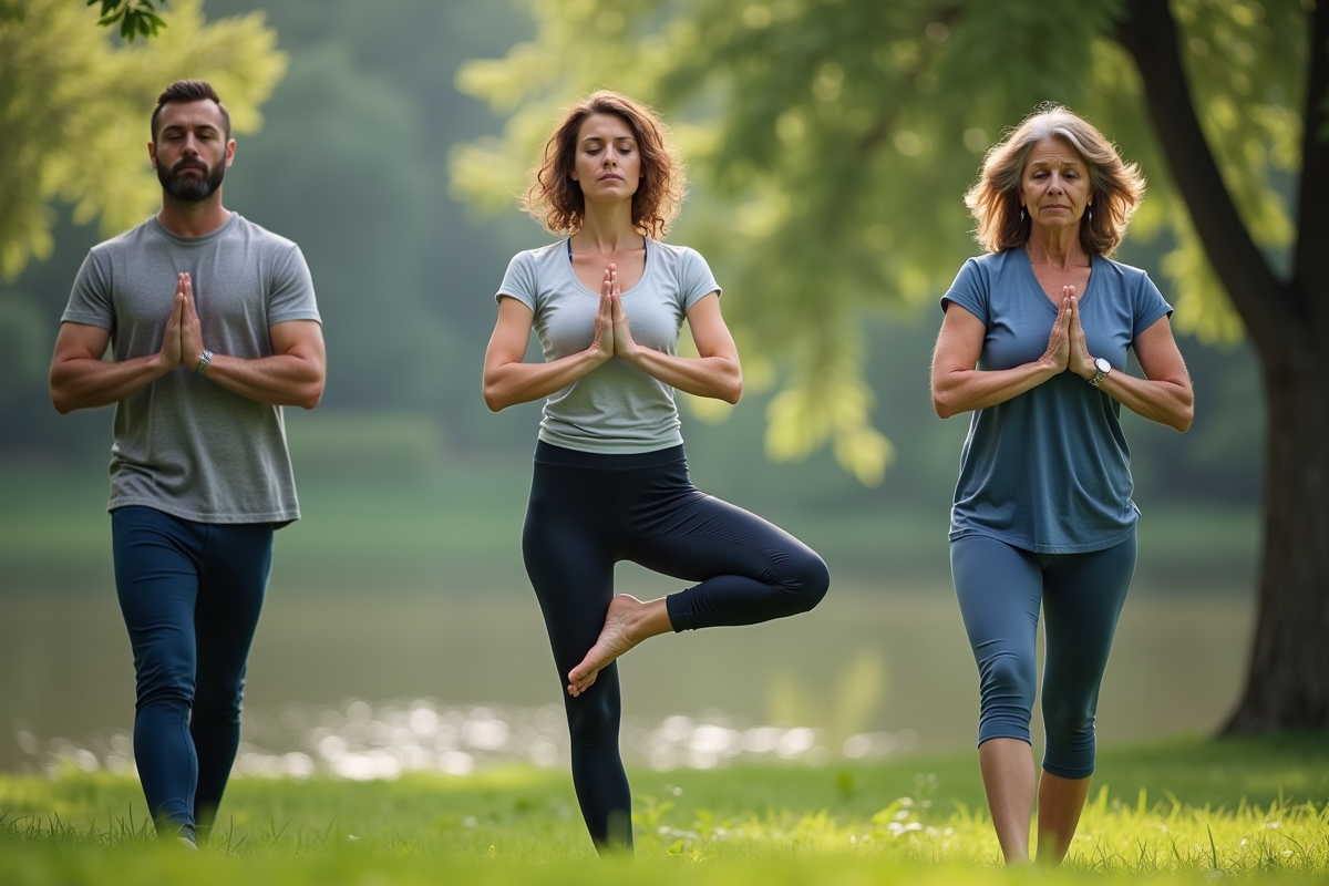 Groupe de personnes pratiquant le yoga dans un parc