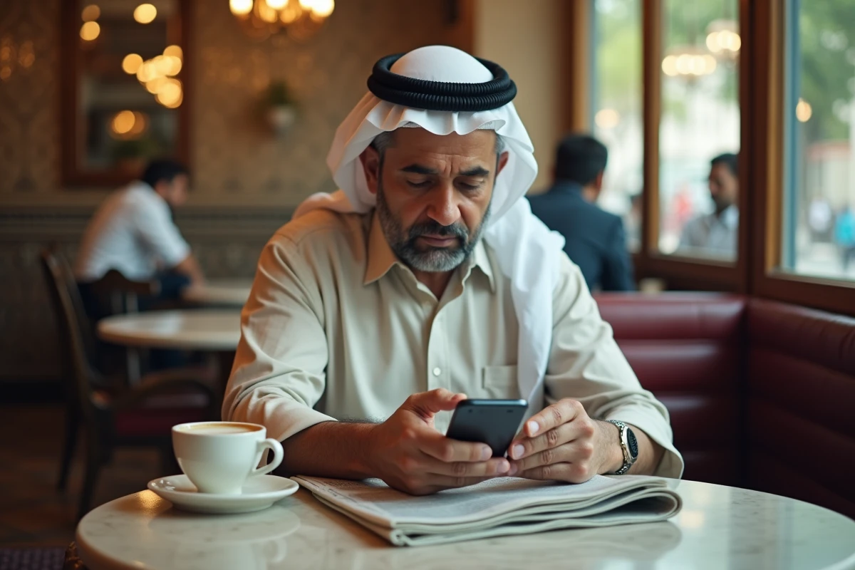 Homme algérien lisant les dernières actualités sportives et résultats sur Competition.dz depuis son smartphone dans un café traditionnel d'Alger