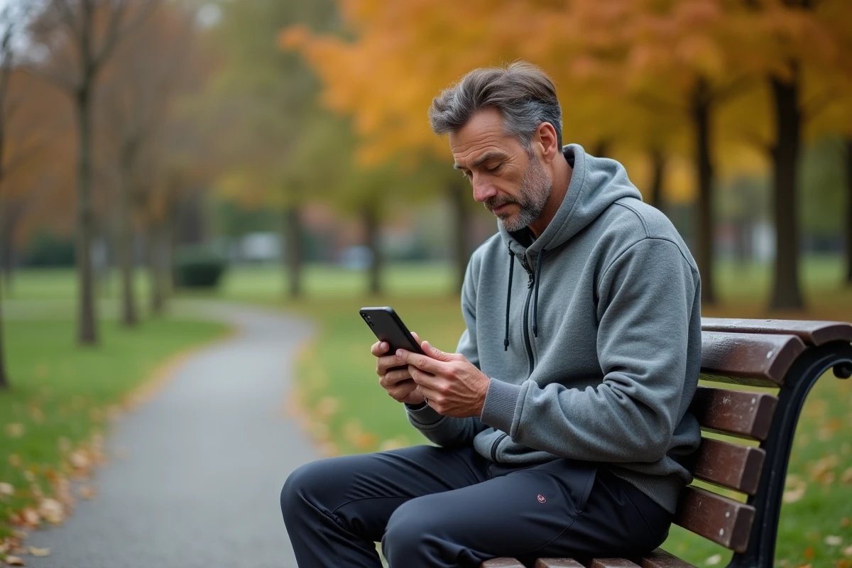 Homme consultant une application de comptage de pas sur son téléphone dans un parc pour atteindre 10 000 pas par jour