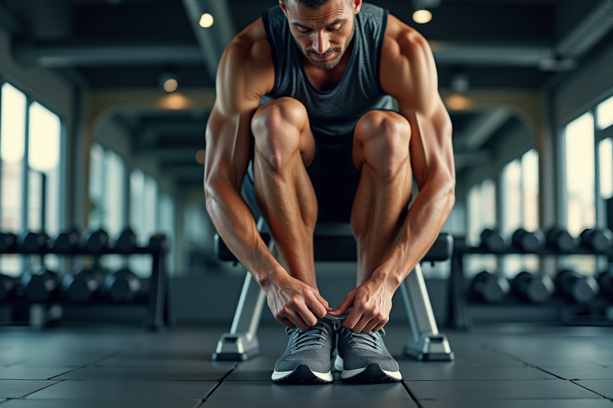 Homme athlétique attachant ses lacets dans la salle de sport